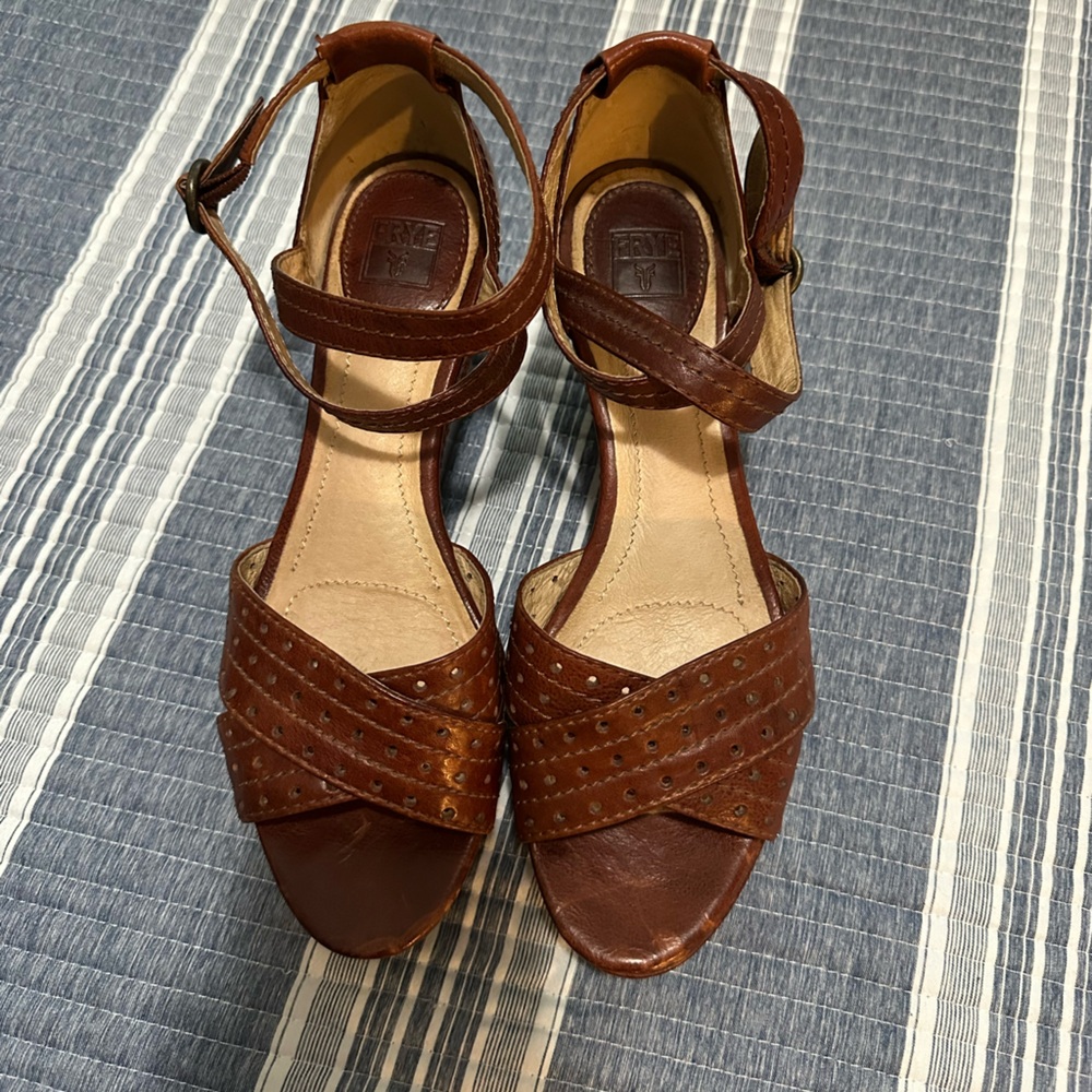 Frye Chestnut Brown Leather Wedge Sandals